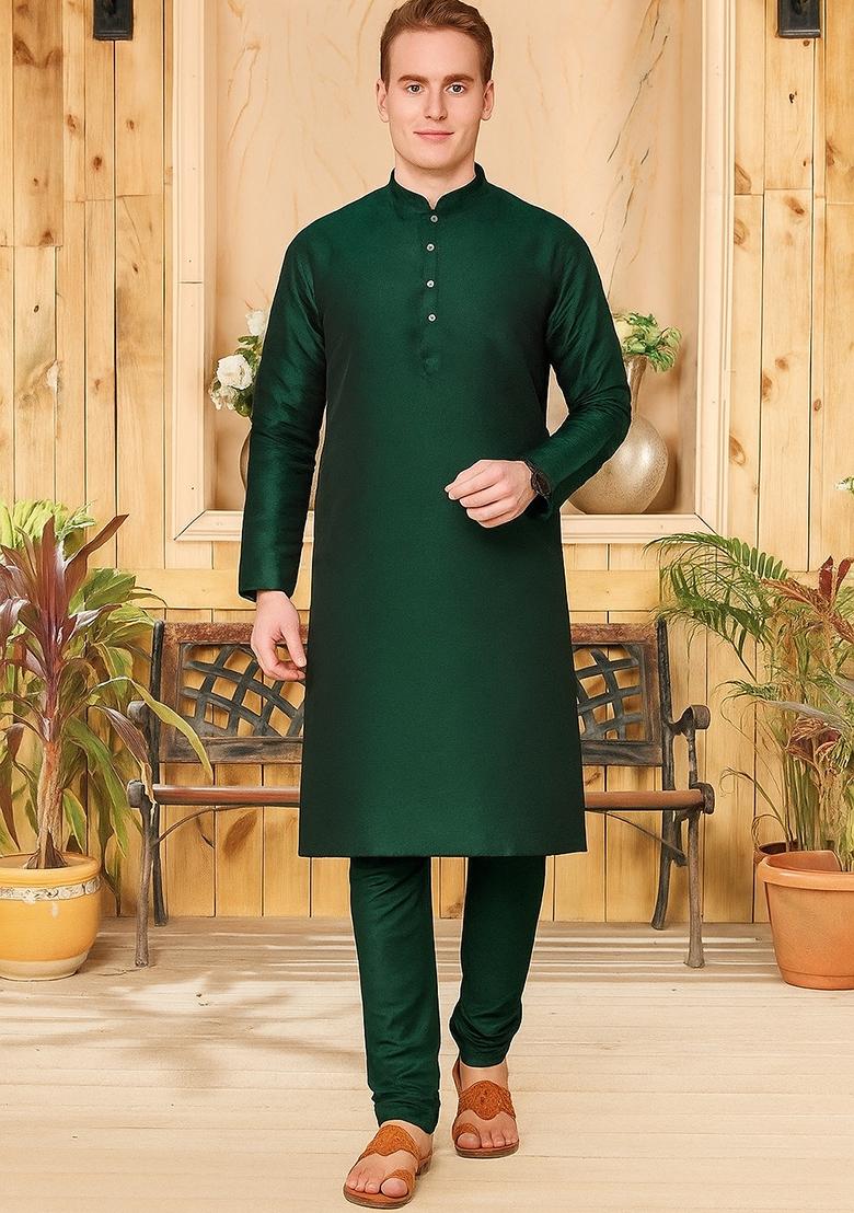 Green Embroidery Silk Kurta With Pyjama For Men