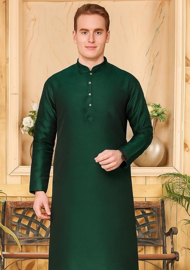Green Embroidery Silk Kurta With Pyjama For Men