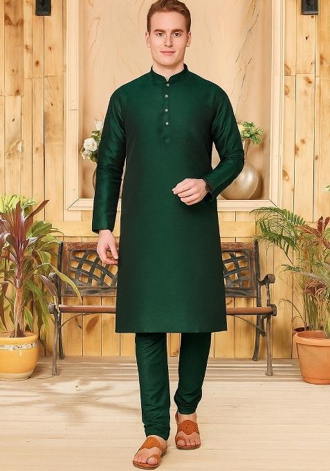 Green Embroidery Silk Kurta With Pyjama For Men