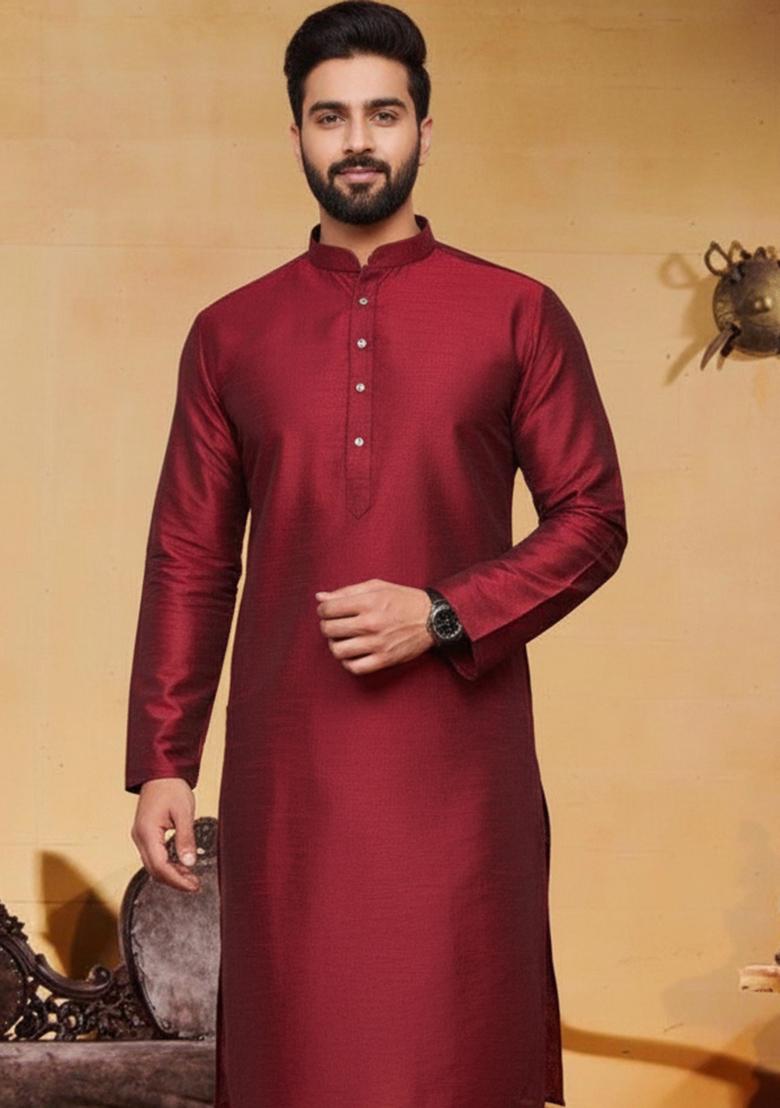 Red Embroidery Silk Kurta With Pyjama For Men - Indya