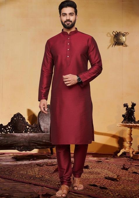 Red Embroidery Silk Kurta With Pyjama For Men