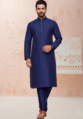 Blue Embroidery Silk Kurta With Pyjama For Men