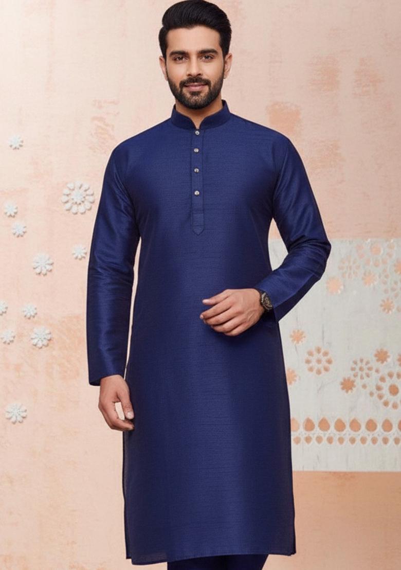 Blue Embroidery Silk Kurta With Pyjama For Men - Indya