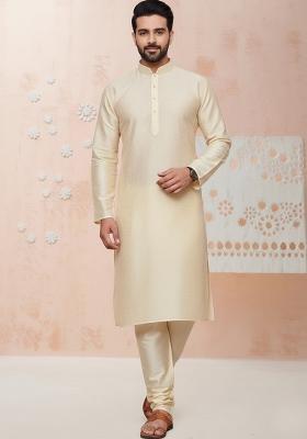 Off White Embroidery Silk Kurta With Pyjama For Men