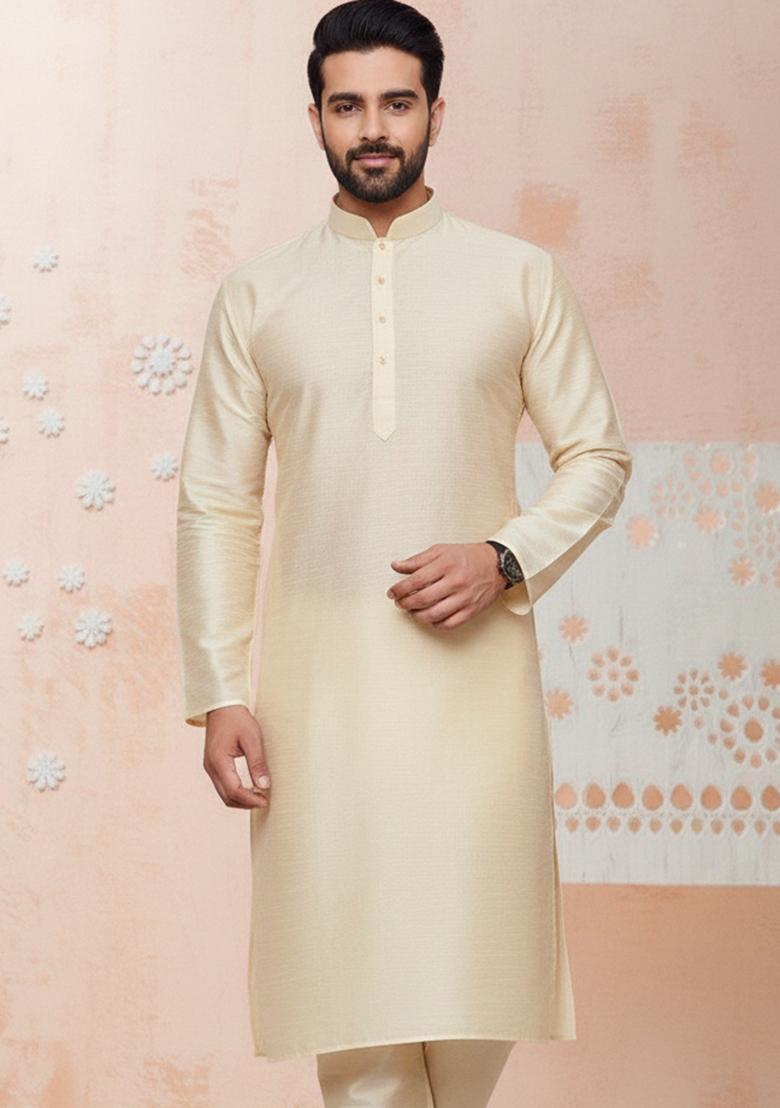 Off White Embroidery Silk Kurta With Pyjama For Men - Indya