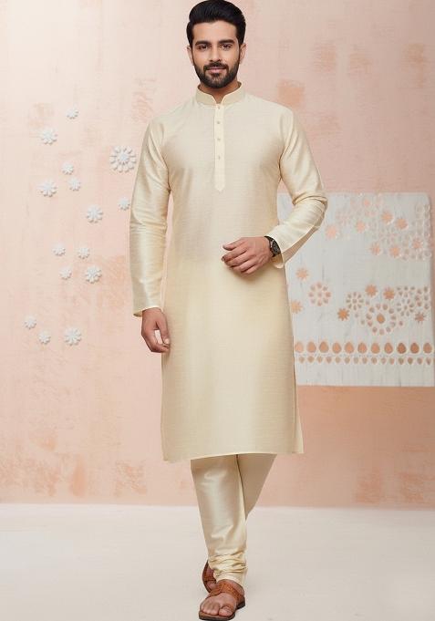 Off White Embroidery Silk Kurta With Pyjama For Men