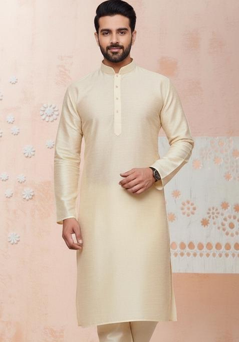 Off White Embroidery Silk Kurta With Pyjama For Men