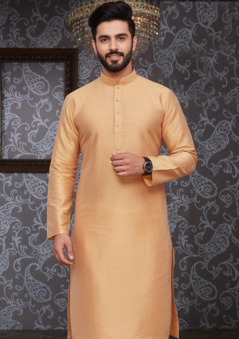 Gold Embroidery Silk Kurta With Pyjama For Men - Indya