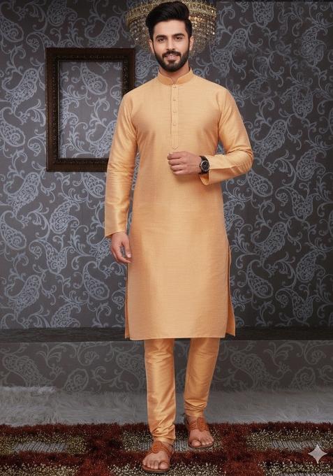 Gold Embroidery Silk Kurta With Pyjama For Men