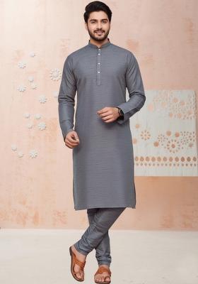Grey Embroidery Silk Kurta With Pyjama For Men