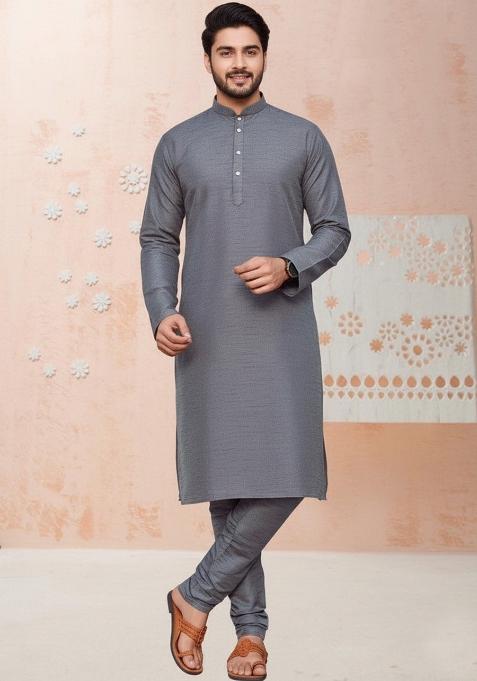 Grey Embroidery Silk Kurta With Pyjama For Men