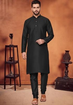 Black Embroidery Silk Kurta With Pyjama For Men