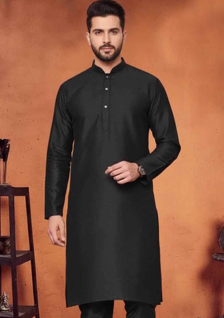Black Embroidery Silk Kurta With Pyjama For Men - Indya