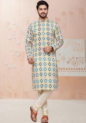 Multicolor Embroidery Cotton Kurta With Pyjama For Men