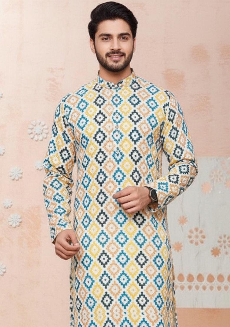 Multicolor Embroidery Cotton Kurta With Pyjama For Men - Indya