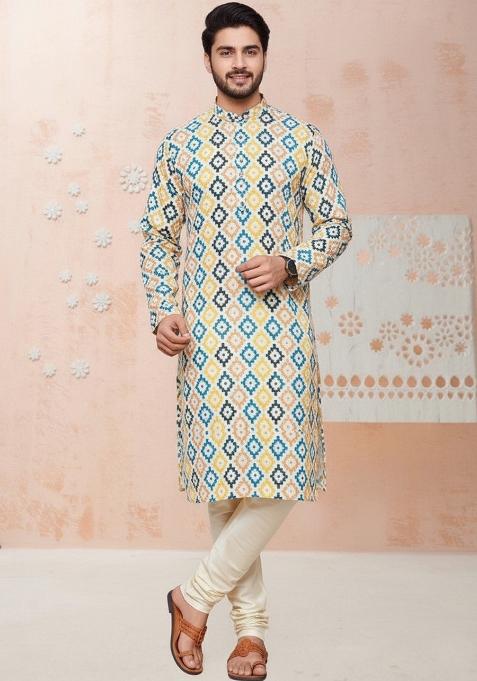 Multicolor Embroidery Cotton Kurta With Pyjama For Men