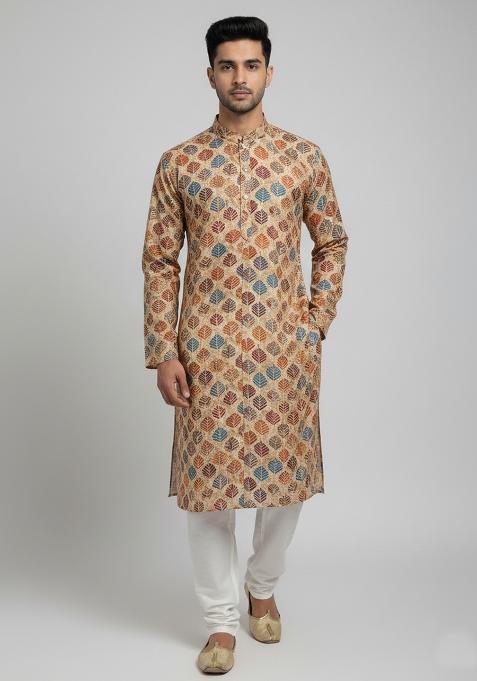 Multicolor Embroidery Cotton Kurta With Pyjama For Men