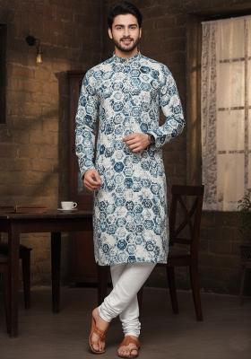 Multicolor Embroidery Cotton Kurta With Pyjama For Men