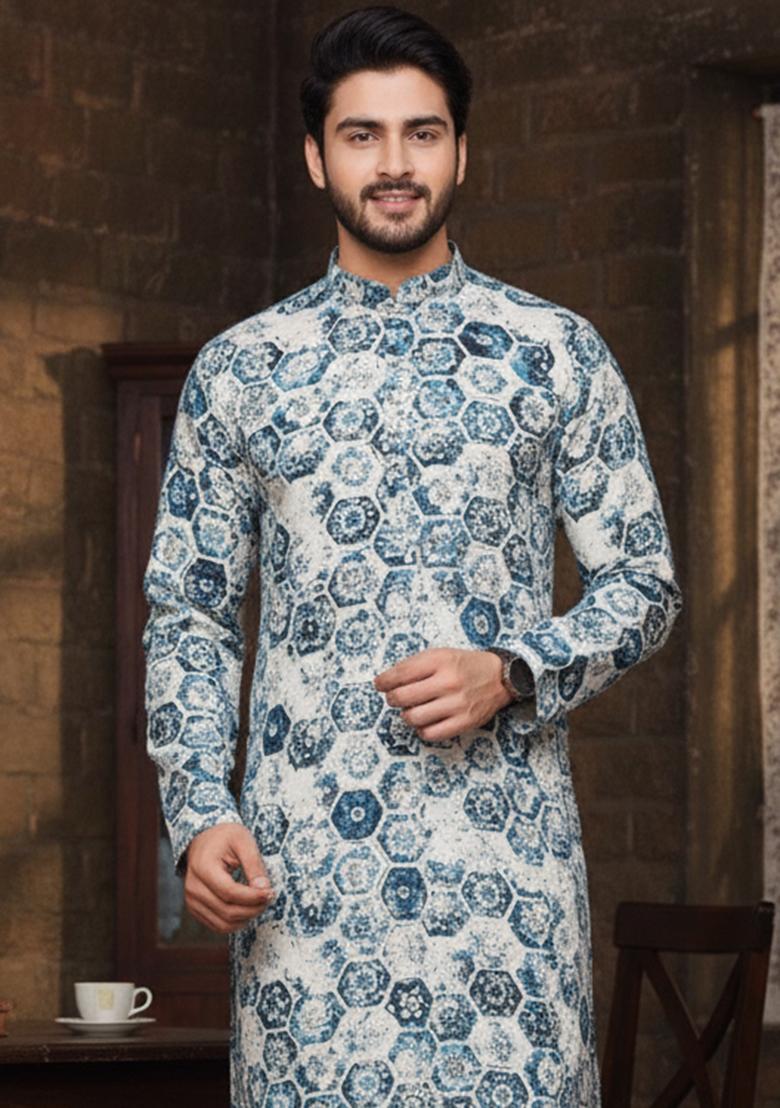 Multicolor Embroidery Cotton Kurta With Pyjama For Men - Indya
