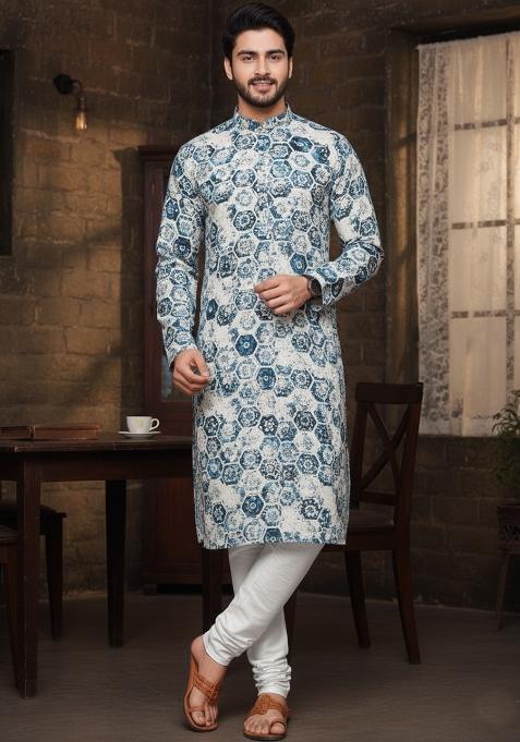 Multicolor Embroidery Cotton Kurta With Pyjama For Men