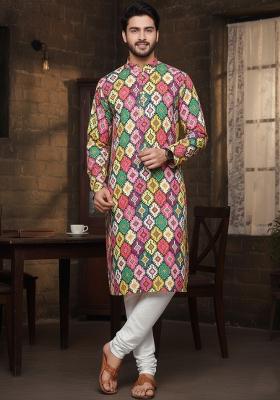 Multicolor Embroidery Cotton Kurta With Pyjama For Men
