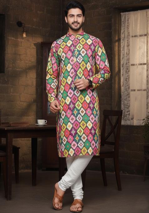 Multicolor Embroidery Cotton Kurta With Pyjama For Men