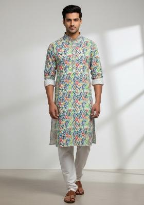Multicolor Embroidery Cotton Kurta With Pyjama For Men