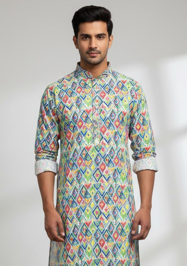 Multicolor Embroidery Cotton Kurta With Pyjama For Men - Indya