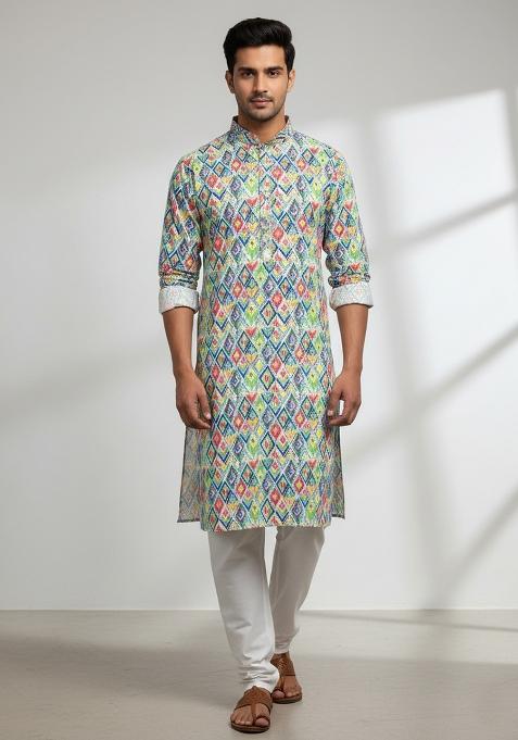 Multicolor Embroidery Cotton Kurta With Pyjama For Men