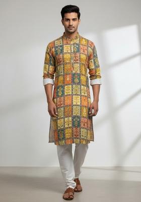Multicolor Embroidery Cotton Kurta With Pyjama For Men