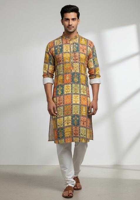 Multicolor Embroidery Cotton Kurta With Pyjama For Men