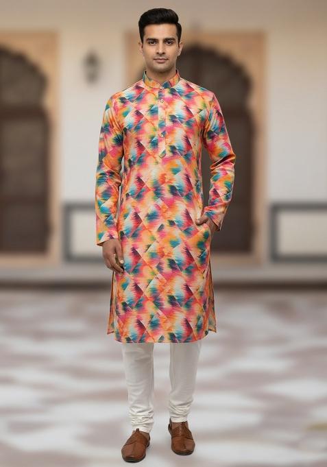 Multicolor Embroidery Cotton Kurta With Pyjama For Men