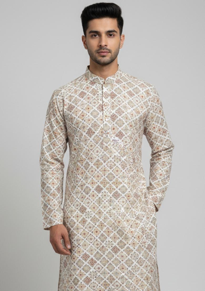 Multicolor Embroidery Cotton Kurta With Pyjama For Men - Indya