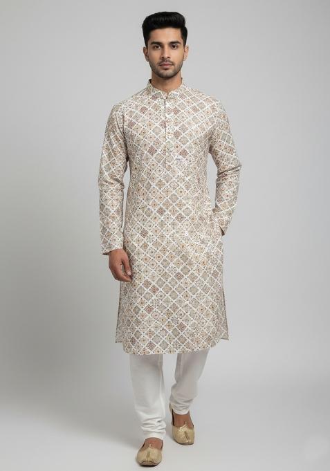 Multicolor Embroidery Cotton Kurta With Pyjama For Men