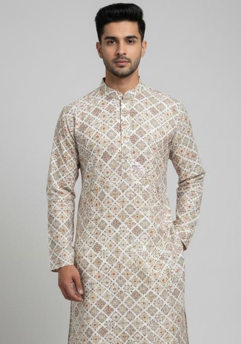 Multicolor Embroidery Cotton Kurta With Pyjama For Men