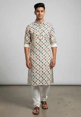 Multicolor Embroidery Cotton Kurta With Pyjama For Men