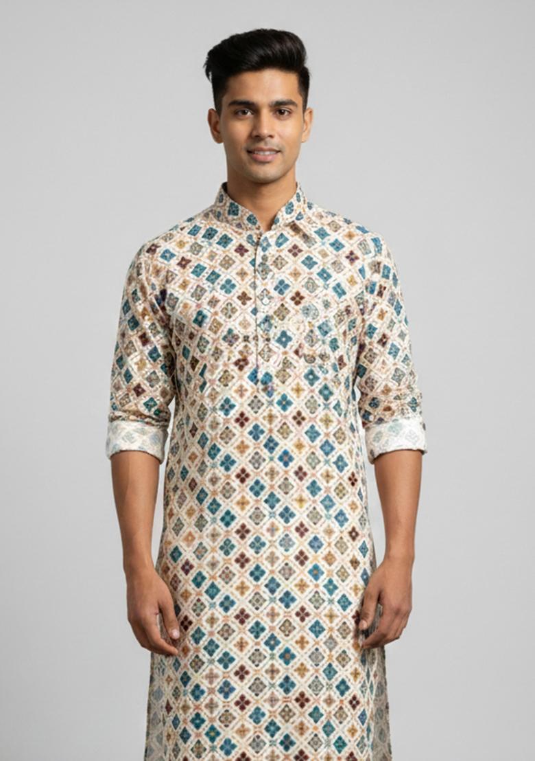 Multicolor Embroidery Cotton Kurta With Pyjama For Men - Indya