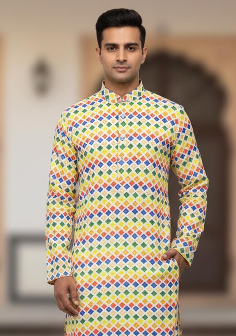 Multicolor Embroidery Cotton Kurta With Pyjama For Men - Indya