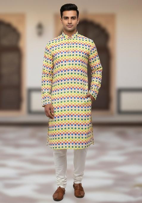 Multicolor Embroidery Cotton Kurta With Pyjama For Men
