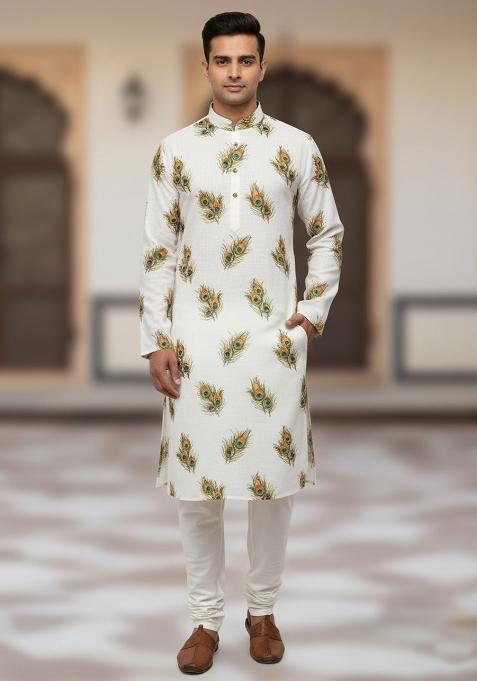 Multicolor Embroidery Cotton Kurta With Pyjama For Men
