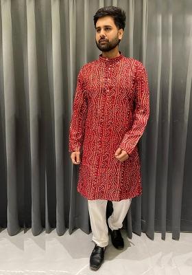 Red Embroidery Cotton Kurta With Pyjama For Men