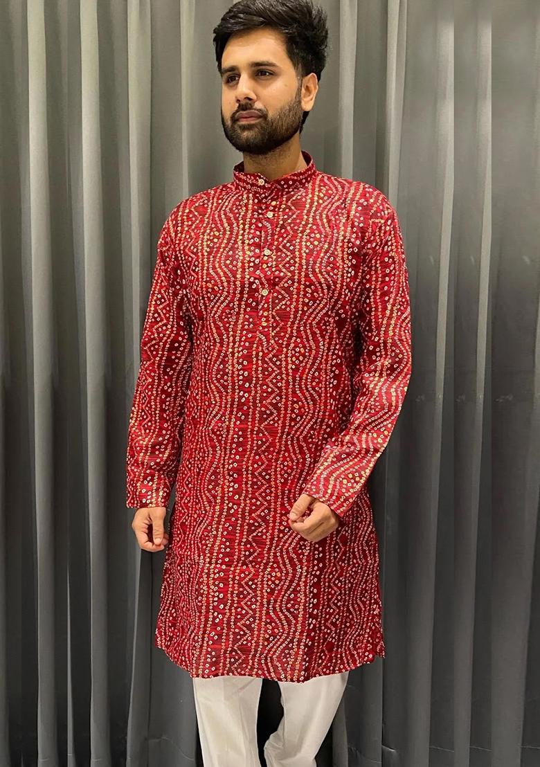 Red Embroidery Cotton Kurta With Pyjama For Men - Indya