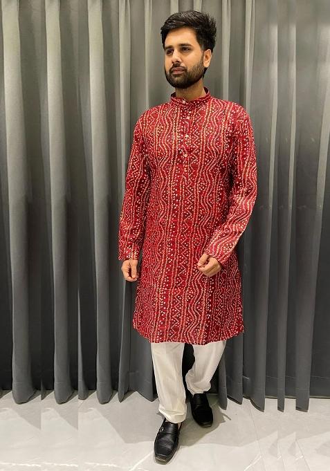 Red Embroidery Cotton Kurta With Pyjama For Men