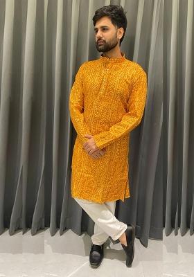 Mustard Embroidery Cotton Kurta With Pyjama For Men
