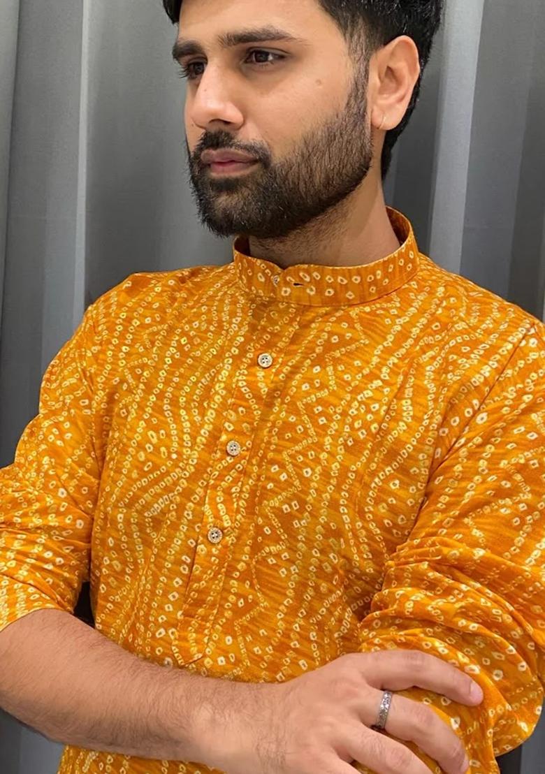 Mustard Embroidery Cotton Kurta With Pyjama For Men - Indya