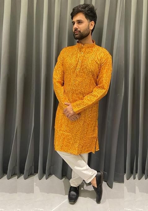 Mustard Embroidery Cotton Kurta With Pyjama For Men