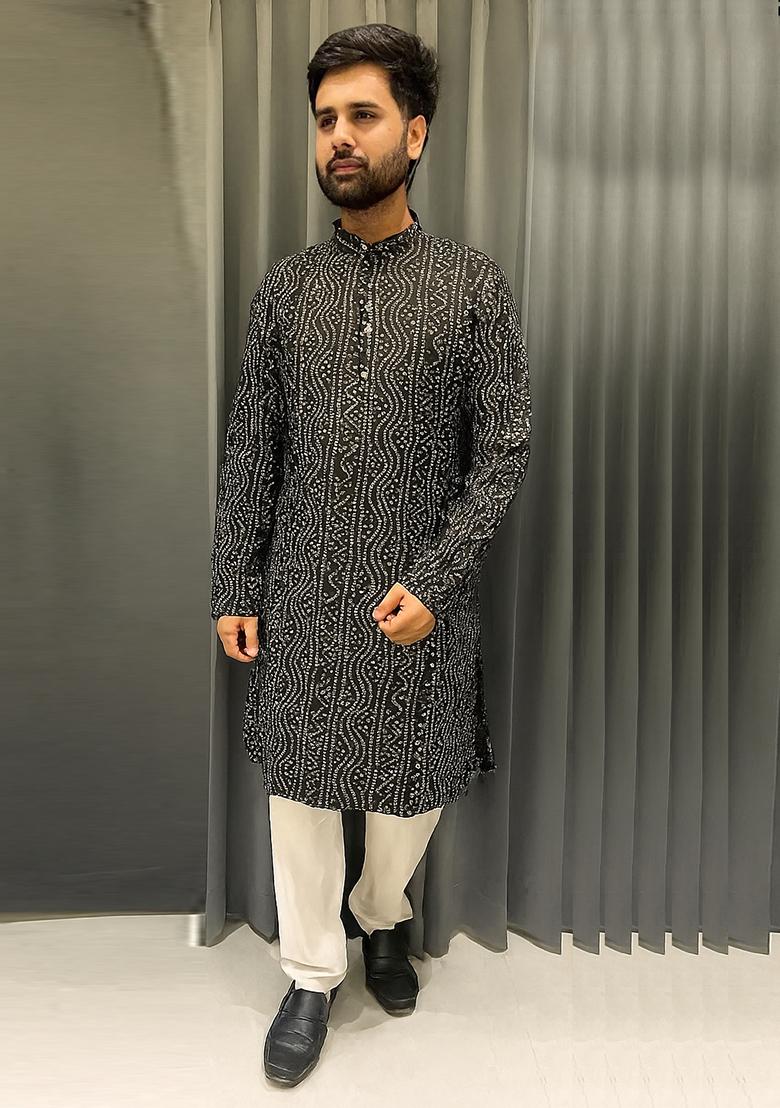 Black Embroidery Cotton Kurta With Pyjama For Men