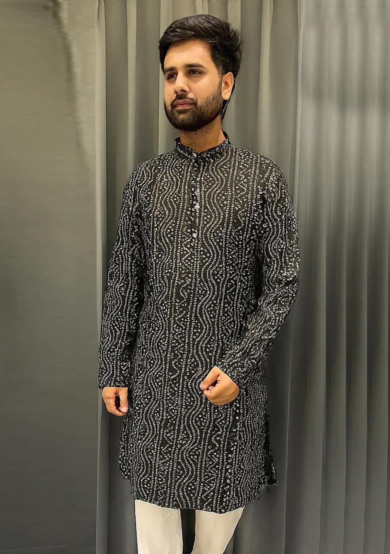 Black Embroidery Cotton Kurta With Pyjama For Men - Indya