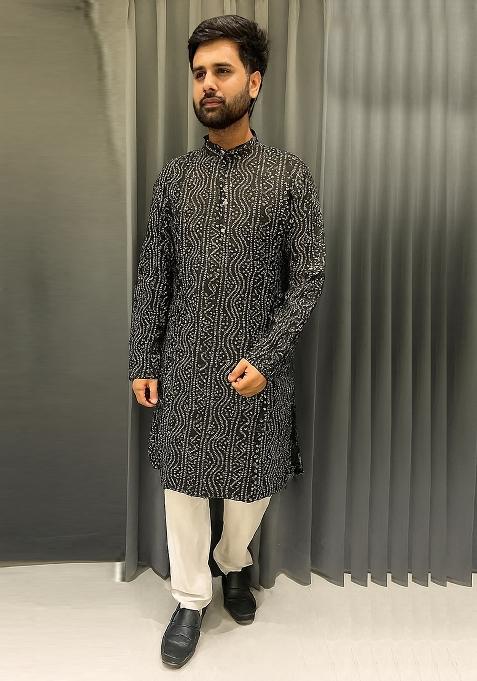 Black Embroidery Cotton Kurta With Pyjama For Men