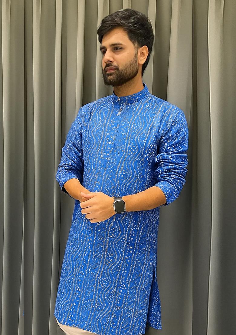 Light Blue Embroidery Cotton Kurta With Pyjama For Men - Indya